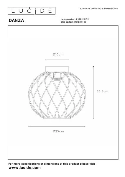 Lucide DANZA - Lámpara de techo - Ø 25 cm - 1xE27 - Oro mate / Latón - técnico